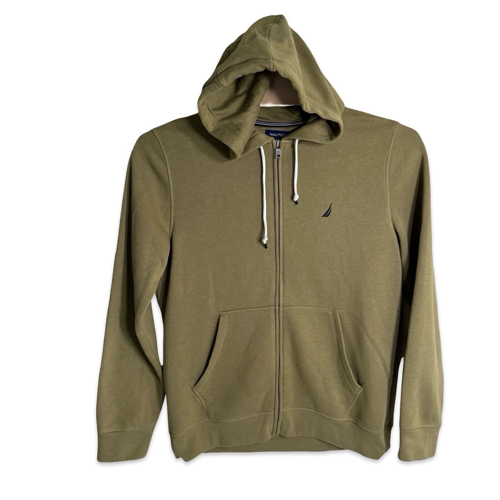 Nautica Mens Full Zip Hoodie Olive Green Logo Sweatshirt Large
